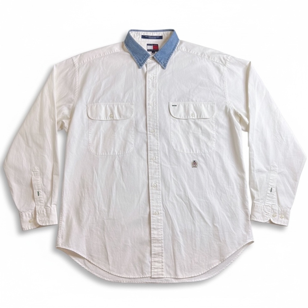 Vintage Tommy Hilfiger Denim Collar Shirt Men’s L White Button Down‎ Long Sleeve